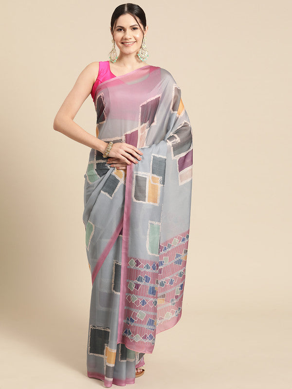 Multicolor Silk Blend Printed Abstract Saree with Unstitched Blouse - Hiral Fashion | Grocsy