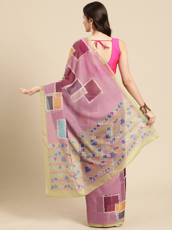 Pink Silk Blend Printed Abstract Saree with Unstitched Blouse - Hiral Fashion | Grocsy