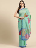 Green Silk Blend Printed Abstract Saree with Unstitched Blouse - Hiral Fashion | Grocsy