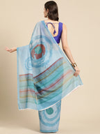 Sky Blue Silk Blend Printed Abstract Saree with Unstitched Blouse - Hiral Fashion | Grocsy