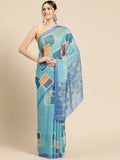 Turquoise Silk Blend Printed Abstract Saree with Unstitched Blouse - Hiral Fashion | Grocsy