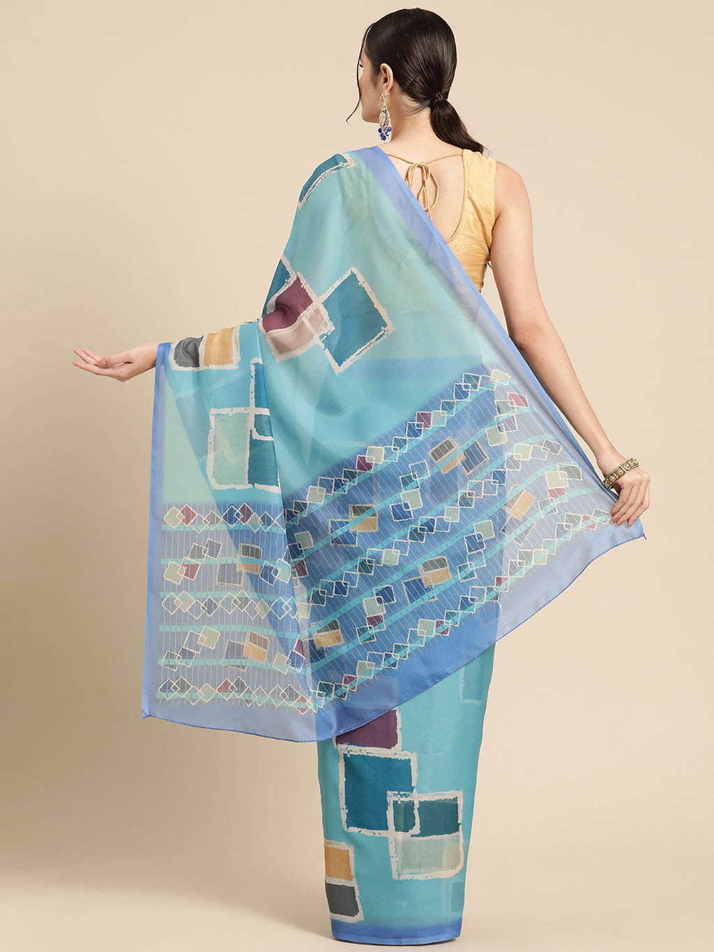 Turquoise Silk Blend Printed Abstract Saree with Unstitched Blouse - Hiral Fashion | Grocsy