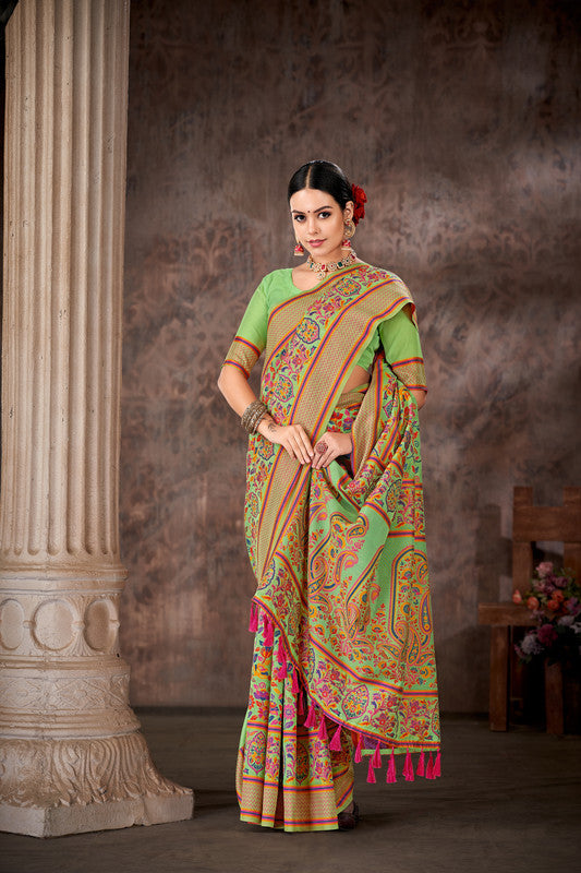 Green Cotton Blend Woven Thread Floral Saree with Unstitched Blouse - Hiral Fashion | Grocsy