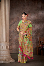 Green Cotton Blend Woven Thread Floral Saree with Unstitched Blouse - Hiral Fashion | Grocsy