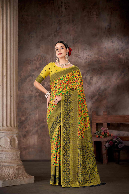 Mustard Cotton Blend Woven Thread Floral Saree with Unstitched Blouse - Hiral Fashion | Grocsy