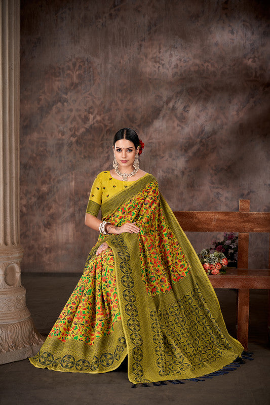 Mustard Cotton Blend Woven Thread Floral Saree with Unstitched Blouse - Hiral Fashion | Grocsy