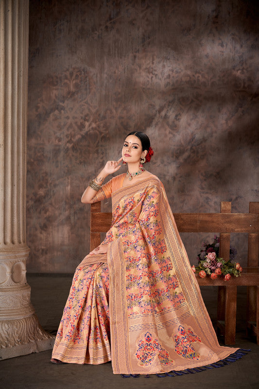 Pink Cotton Blend Woven Thread Floral Saree with Unstitched Blouse - Hiral Fashion | Grocsy