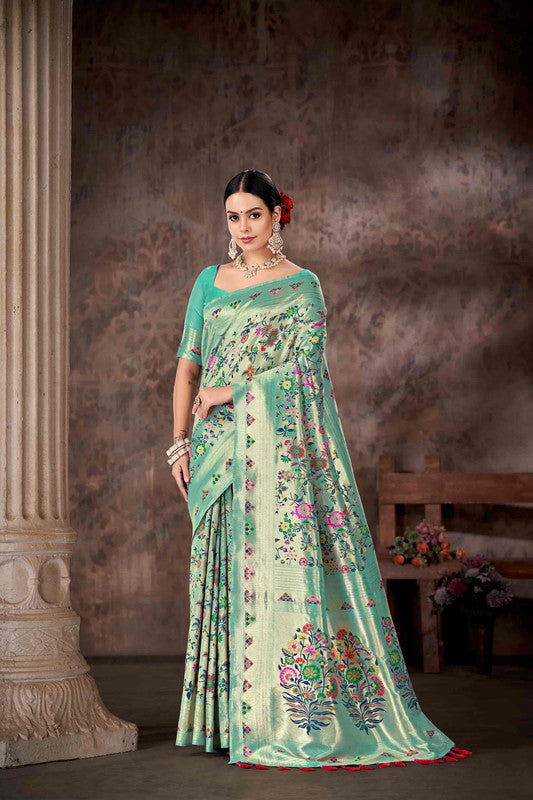Turquoise Cotton Blend Woven Thread Floral Saree with Unstitched Blouse - Hiral Fashion | Grocsy