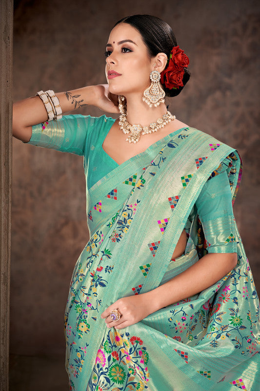 Turquoise Cotton Blend Woven Thread Floral Saree with Unstitched Blouse - Hiral Fashion | Grocsy