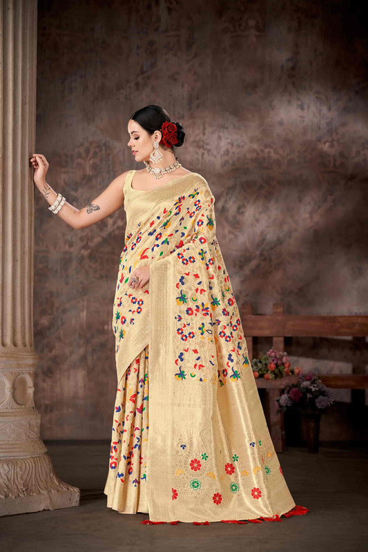 White Cotton Blend Woven Thread Floral Saree with Unstitched Blouse - Hiral Fashion | Grocsy