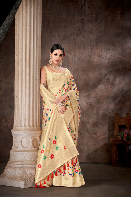 White Cotton Blend Woven Thread Floral Saree with Unstitched Blouse - Hiral Fashion | Grocsy