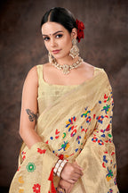 White Cotton Blend Woven Thread Floral Saree with Unstitched Blouse - Hiral Fashion | Grocsy