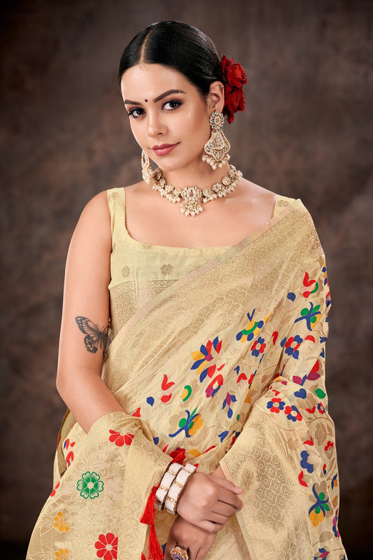 White Cotton Blend Woven Thread Floral Saree with Unstitched Blouse - Hiral Fashion | Grocsy