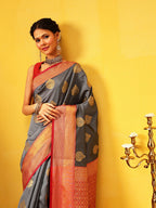 Hiral Fashion Grey Kanjeevaram Silk Woven Design Saree | Grocsy