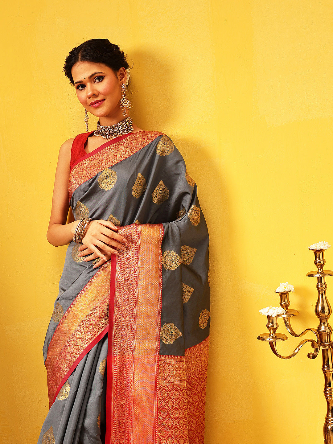Hiral Fashion Grey Kanjeevaram Silk Woven Design Saree | Grocsy