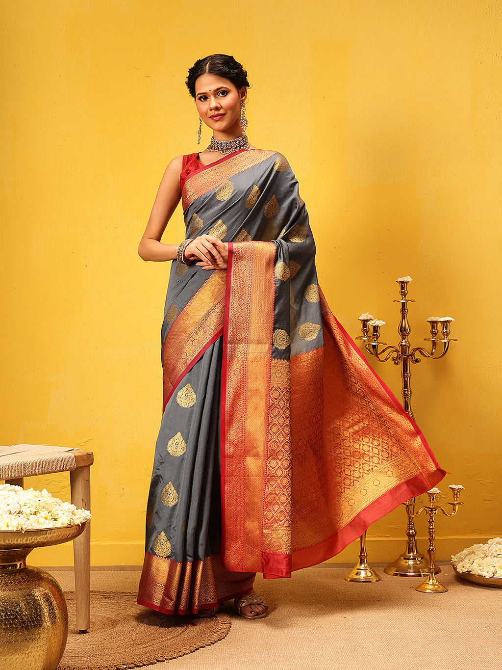 Hiral Fashion Grey Kanjeevaram Silk Woven Design Saree | Grocsy