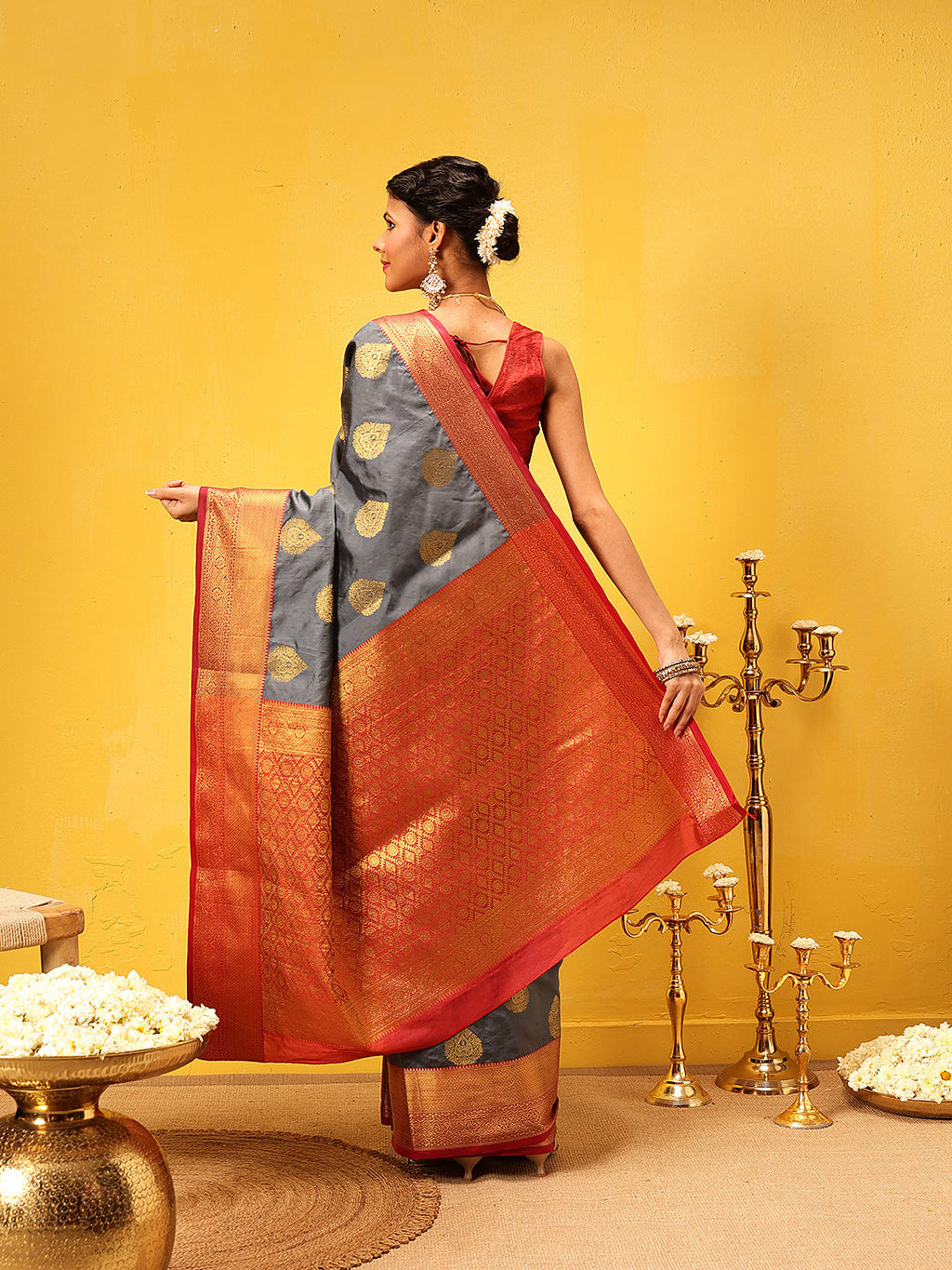 Hiral Fashion Grey Kanjeevaram Silk Woven Design Saree | Grocsy