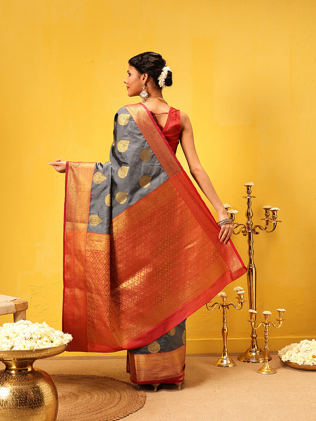 Hiral Fashion Grey Kanjeevaram Silk Woven Design Saree | Grocsy