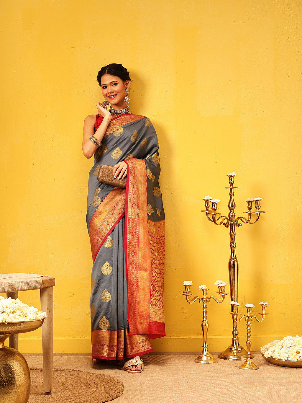 Hiral Fashion Grey Kanjeevaram Silk Woven Design Saree | Grocsy