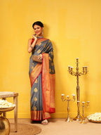 Hiral Fashion Grey Kanjeevaram Silk Woven Design Saree | Grocsy