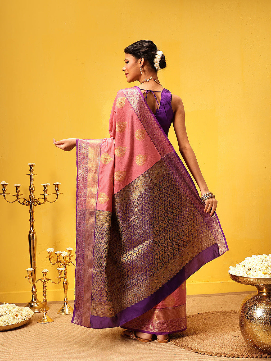 Hiral Fashion Pink Kanjeevaram Silk Woven Design Saree | Grocsy
