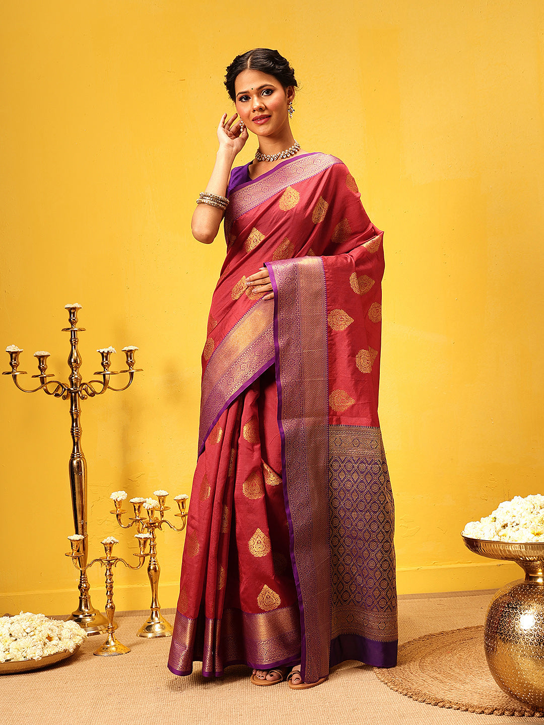Hiral Fashion Red Kanjeevaram Silk Woven Design Saree | Grocsy