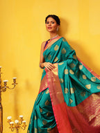 Hiral Fashion Teal Kanjeevaram Silk Woven Design Saree | Grocsy