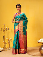 Hiral Fashion Teal Kanjeevaram Silk Woven Design Saree | Grocsy