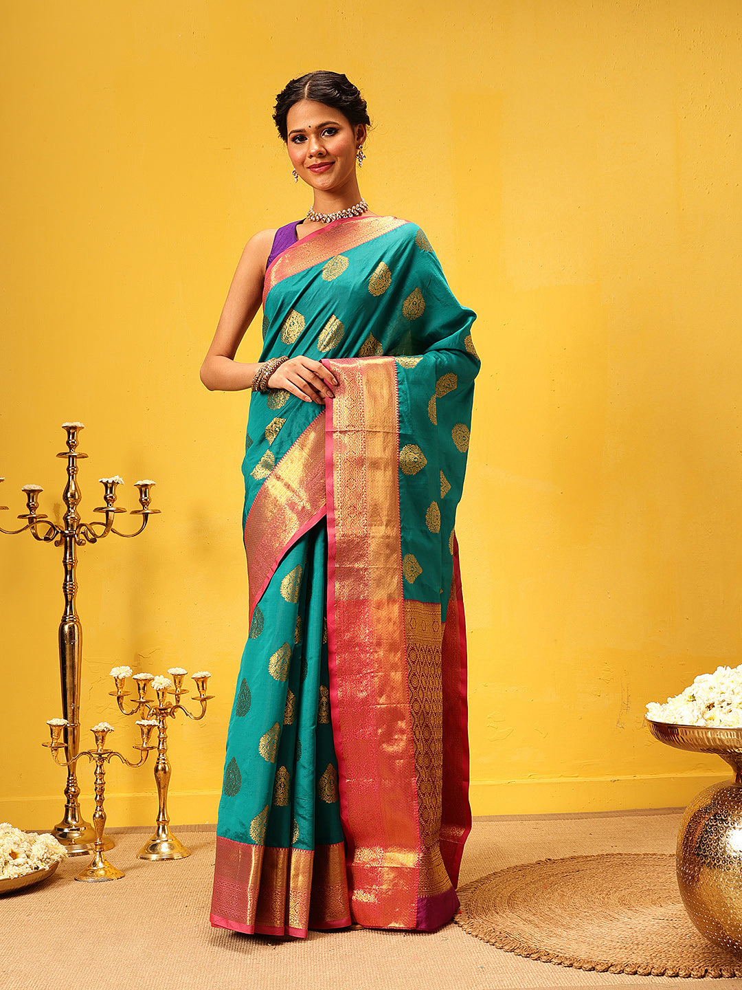 Hiral Fashion Teal Kanjeevaram Silk Woven Design Saree | Grocsy