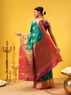 Hiral Fashion Teal Kanjeevaram Silk Woven Design Saree | Grocsy