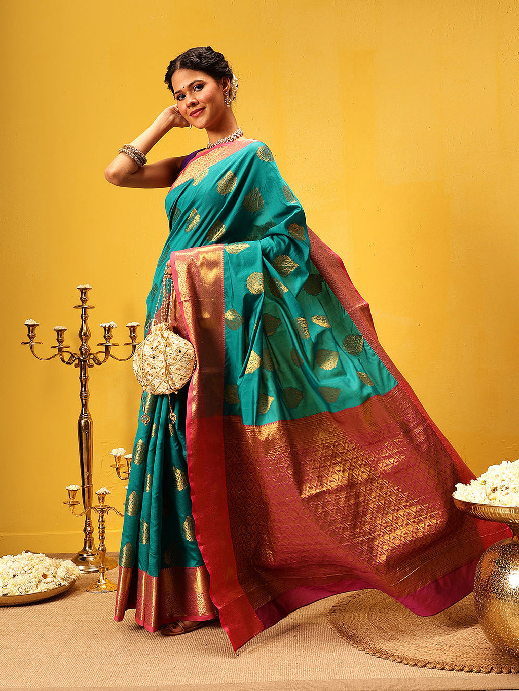 Hiral Fashion Teal Kanjeevaram Silk Woven Design Saree | Grocsy