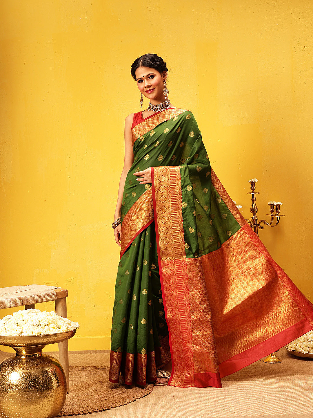 Hiral Fashion Green Kanjeevaram Silk Woven Design Saree | Grocsy