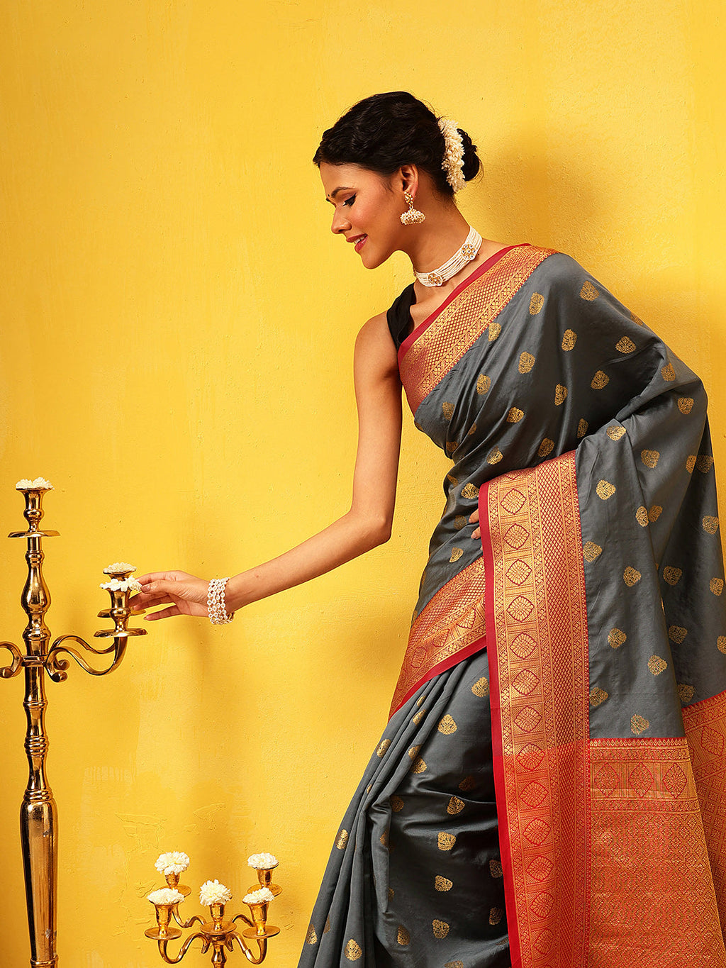 Hiral Fashion Grey Kanjeevaram Silk Woven Design Saree | Grocsy