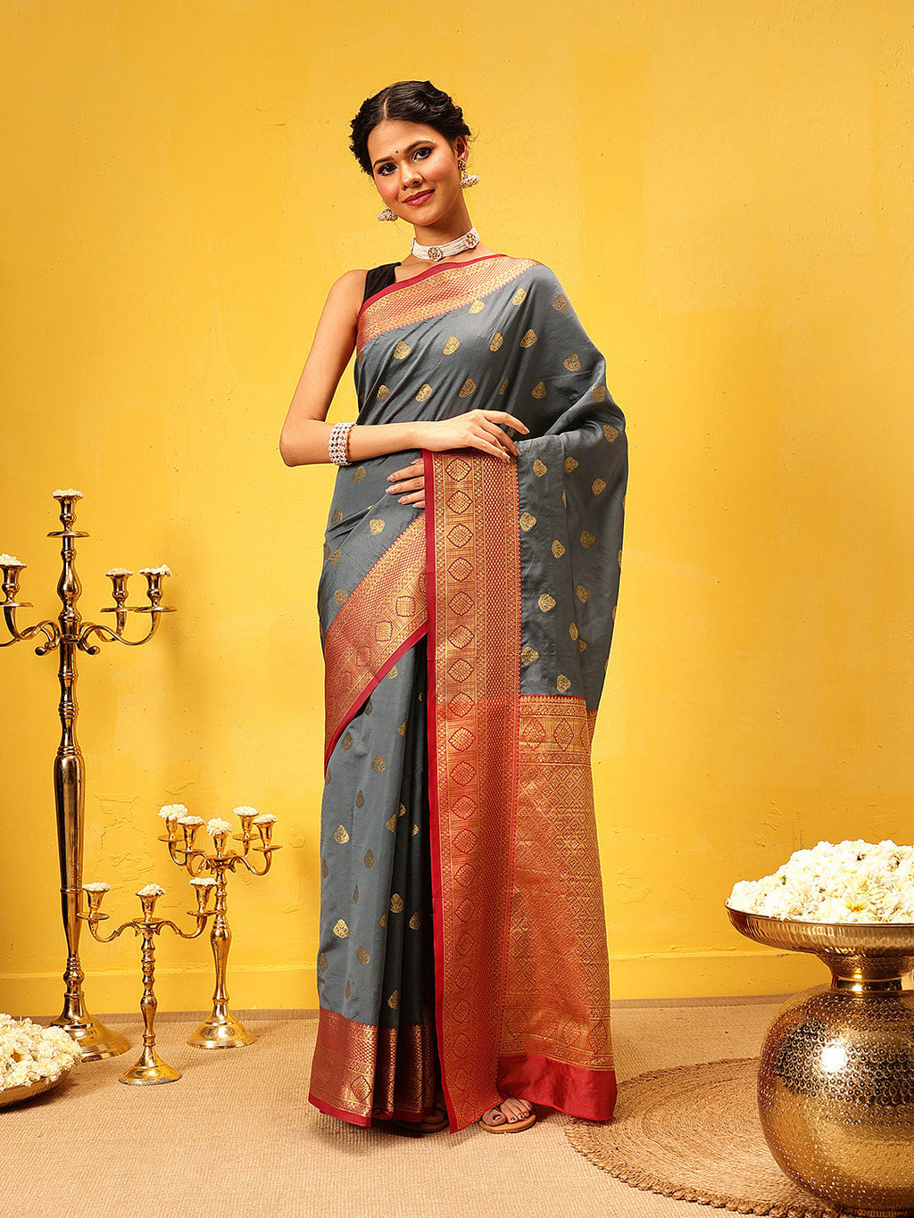 Hiral Fashion Grey Kanjeevaram Silk Woven Design Saree | Grocsy
