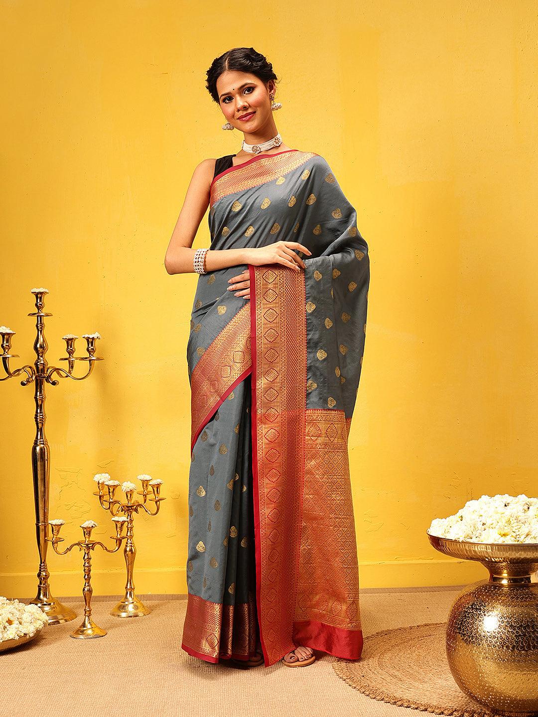 Hiral Fashion Grey Kanjeevaram Silk Woven Design Saree | Grocsy