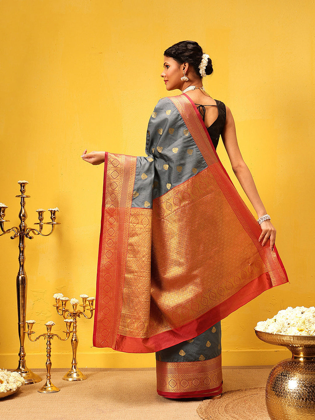 Hiral Fashion Grey Kanjeevaram Silk Woven Design Saree | Grocsy
