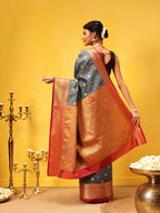 Hiral Fashion Grey Kanjeevaram Silk Woven Design Saree | Grocsy