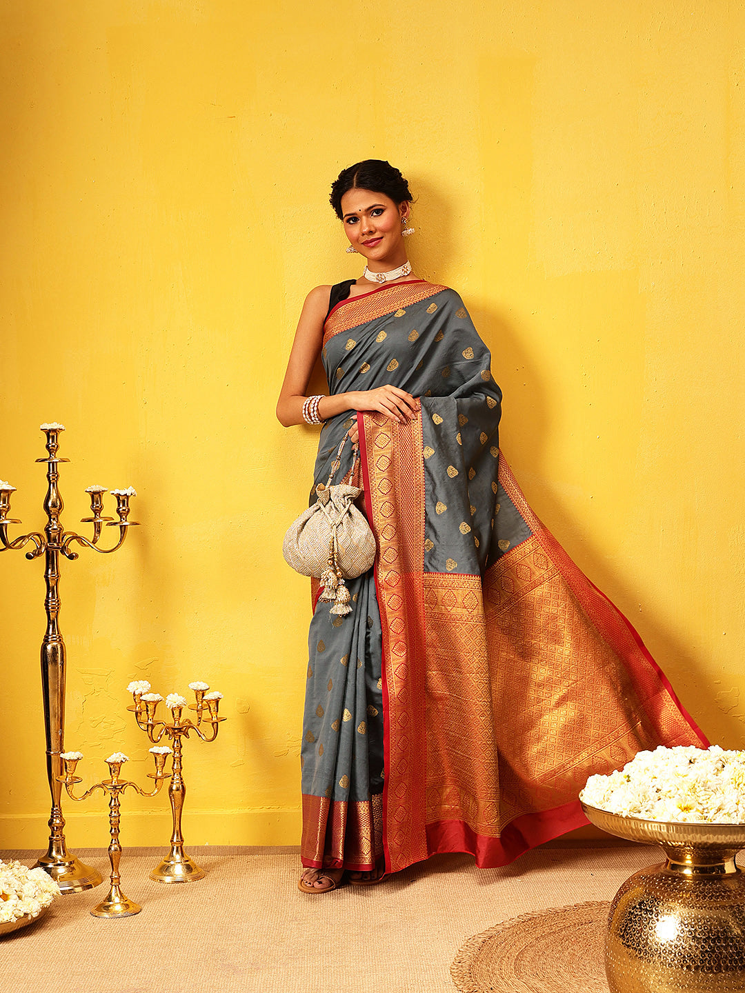 Hiral Fashion Grey Kanjeevaram Silk Woven Design Saree | Grocsy