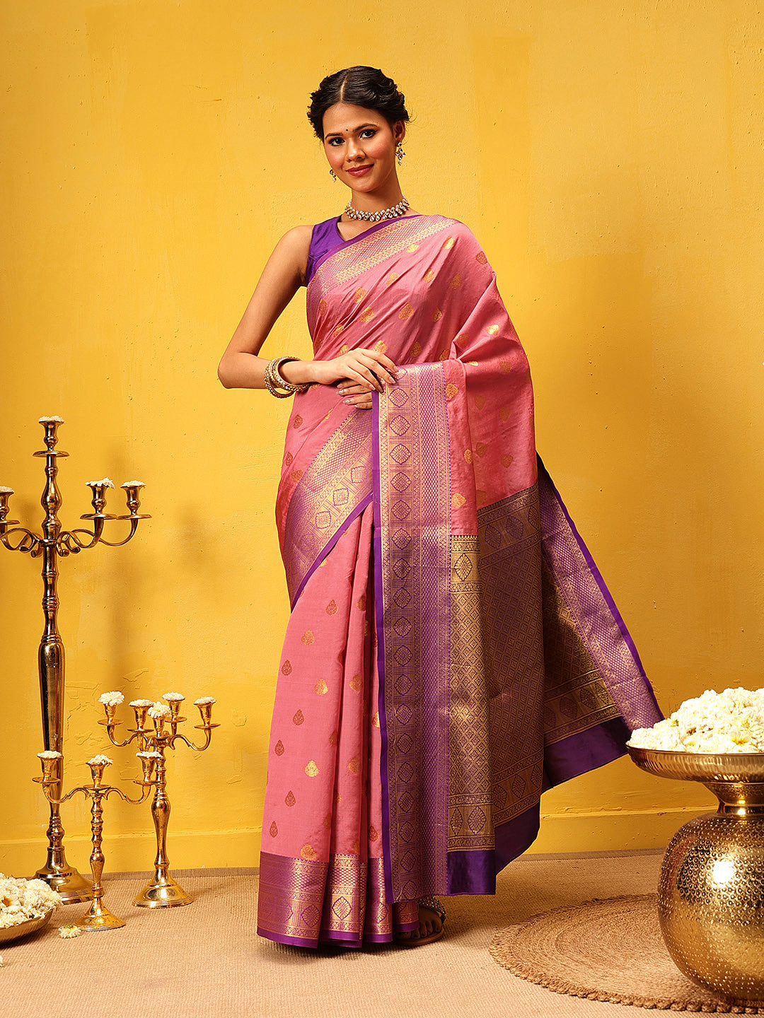 Hiral Fashion Pink Kanjeevaram Silk Woven Design Saree | Grocsy