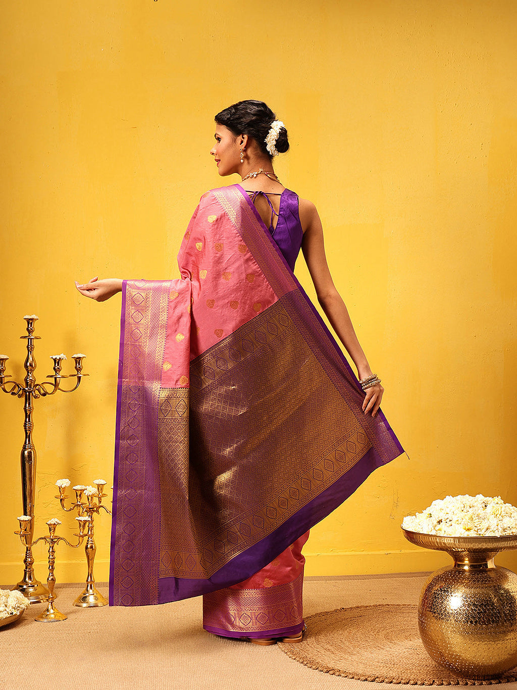 Hiral Fashion Pink Kanjeevaram Silk Woven Design Saree | Grocsy