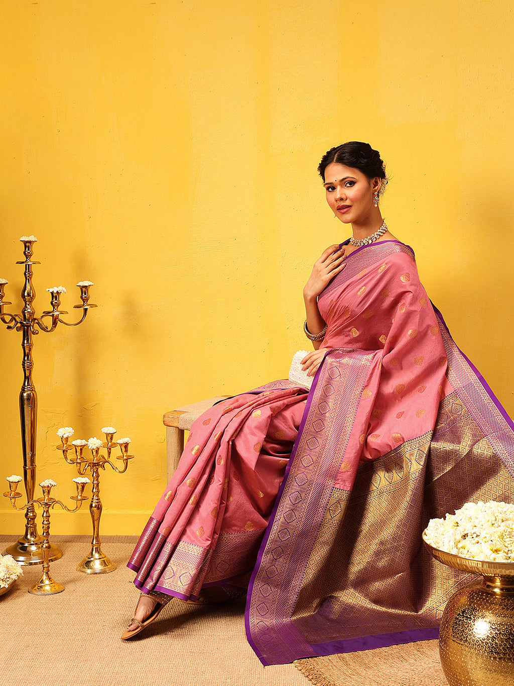Hiral Fashion Pink Kanjeevaram Silk Woven Design Saree | Grocsy