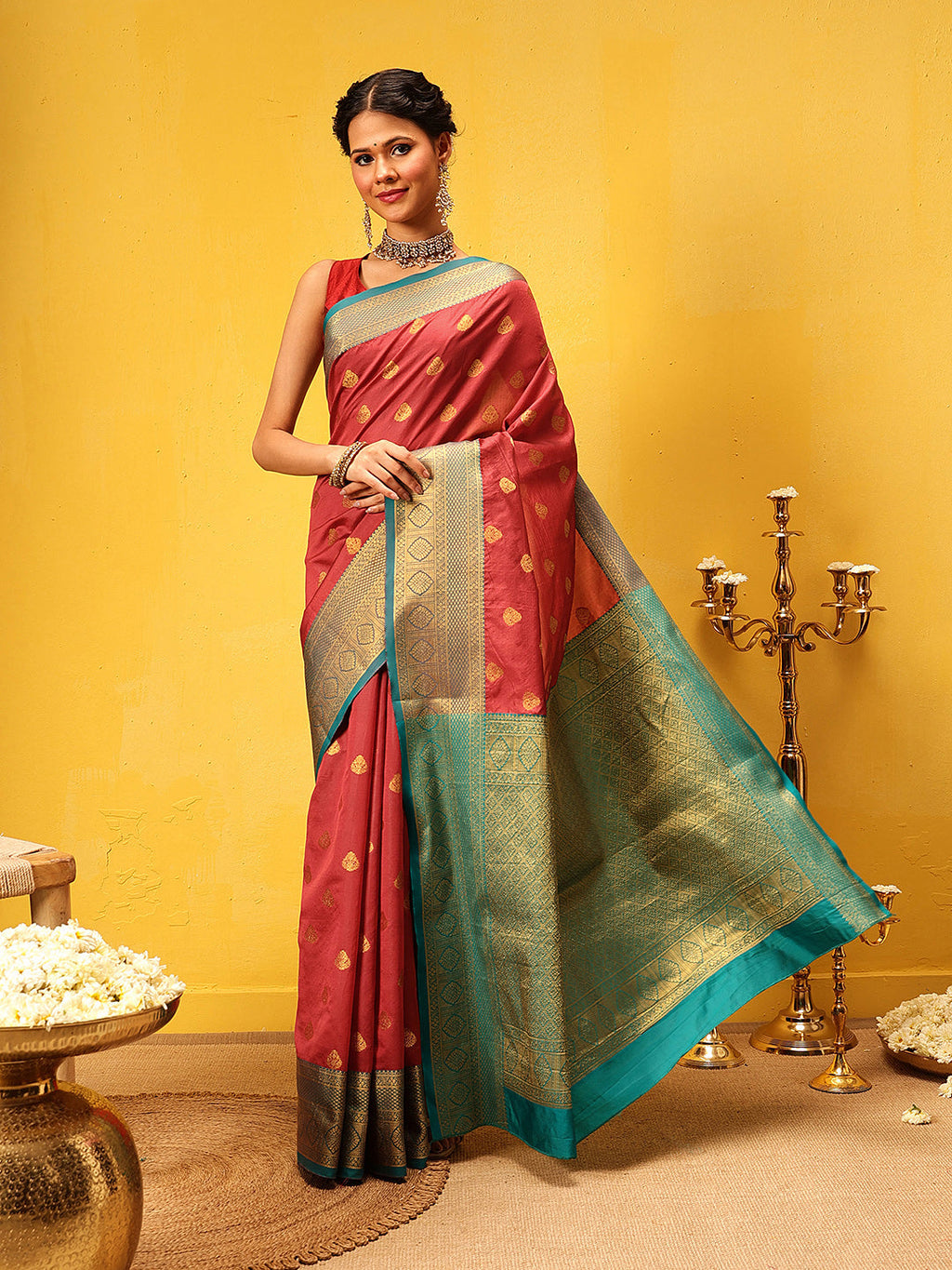 Hiral Fashion Red Kanjeevaram Silk Woven Design Saree | Grocsy