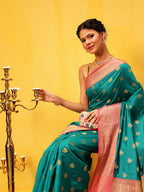 Hiral Fashion Teal Kanjeevaram Silk Woven Design Saree | Grocsy