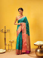 Hiral Fashion Teal Kanjeevaram Silk Woven Design Saree | Grocsy