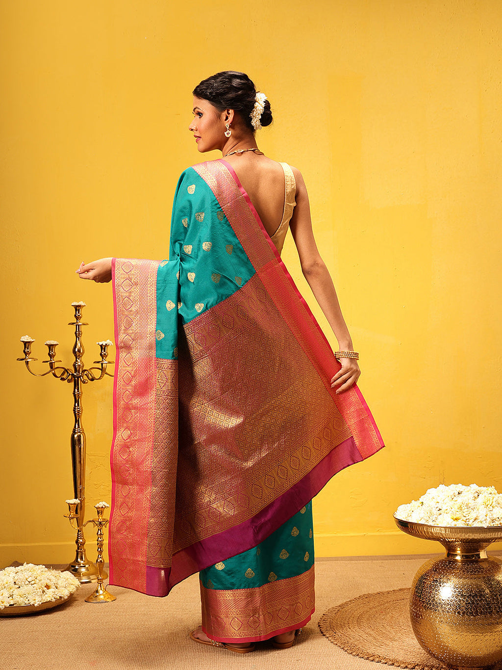 Hiral Fashion Teal Kanjeevaram Silk Woven Design Saree | Grocsy