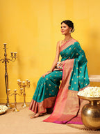 Hiral Fashion Teal Kanjeevaram Silk Woven Design Saree | Grocsy