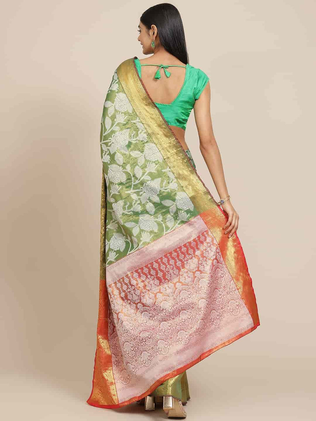 Hiral Fashion Green Banarasi Tissue Silk Floral Zari Woven Saree | Grocsy
