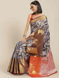 Navy Blue Pure Silk Embellished Floral Saree with Unstitched Blouse - Hiral Fashion | Grocsy