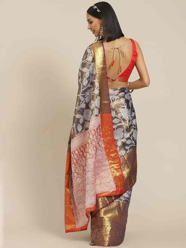 Navy Blue Pure Silk Embellished Floral Saree with Unstitched Blouse - Hiral Fashion | Grocsy