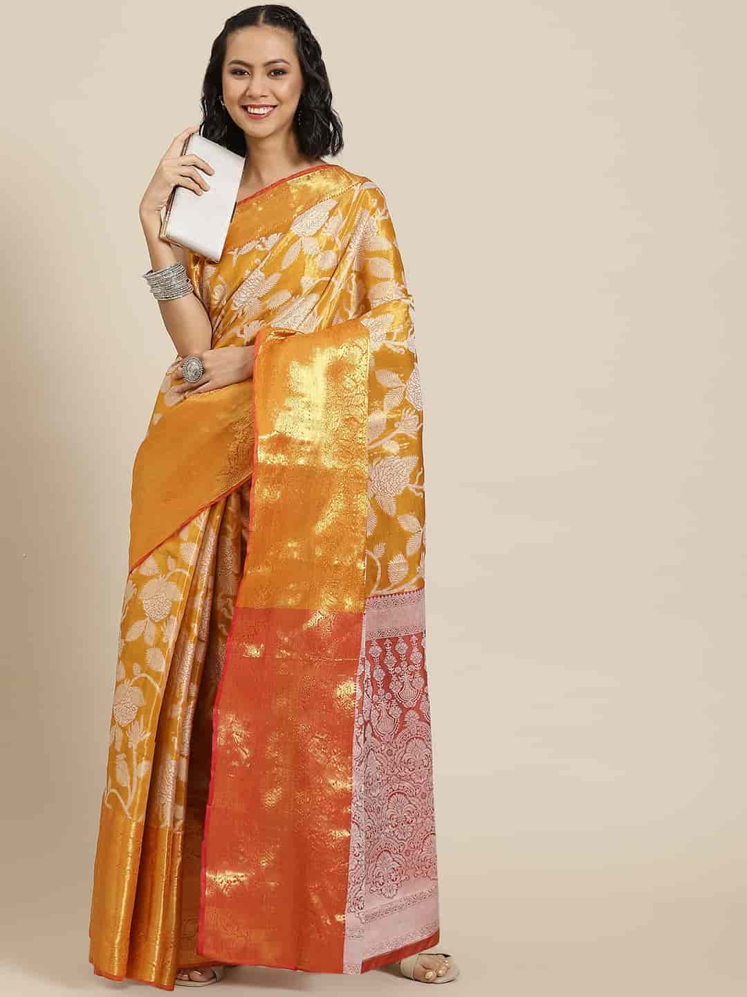 Hiral Fashion Orange Banarasi Tissue Silk Floral Zari Woven Saree | Grocsy